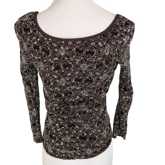 Moa Moa Evening Bodycon Glitter Blouse Scoop Neck Size Small Brown - Picture 2 of 9